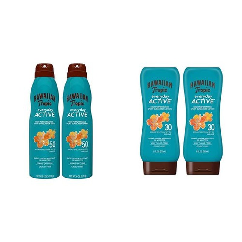 Hawaiian Tropic Everyday Active Spray SPF 50 6oz Twin Pack and Everyday Active Lotion SPF 30 8oz Twin Pack Sunscreen