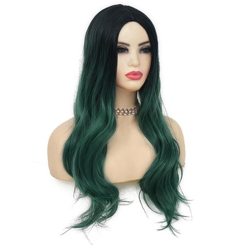 Swiking Long Green Wigs for Women Curly Wave Natural Ombre Green Synthetic Fibre Soft Hair Wigs for Party Cosplay Halloween (Ombre Green)