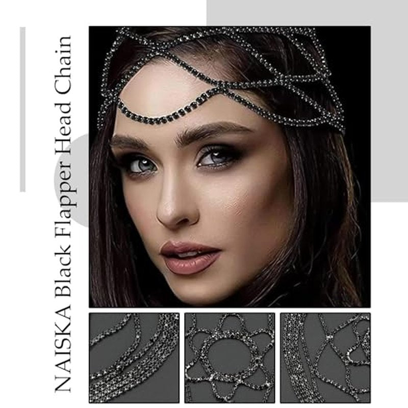 NAISKA Black Crystal Rhinestone Headpieces Caps for Women Wedding Bride Crystal Head Chain 1920S Flapper Hair Headband Jewelry Gatsby Hair Accessories for Women and Girls