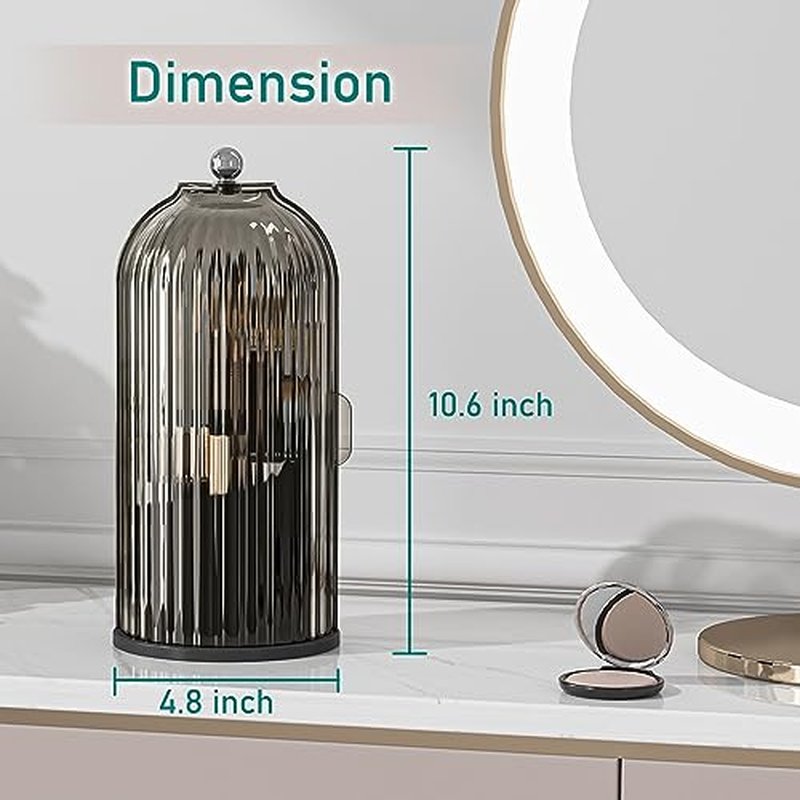GAXmi Makeup Brush Holder with Lid Cosmetic Tools Organizer 360 Rotating Waterproof Dustproof Makeup Brushes Storage for Vanity, Black-Grey