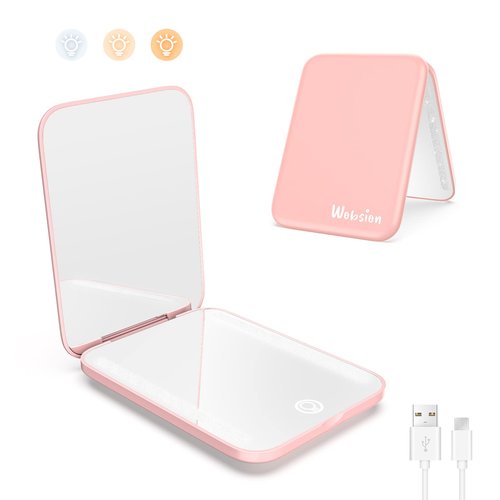 wobsion Travel Mirror with Light,1x/3x Compact Magnifying Mirror for Makeup,3 Color Modes,Portable Rechargeable Mini Mirror for Purse,Pocket,Gift,Pink