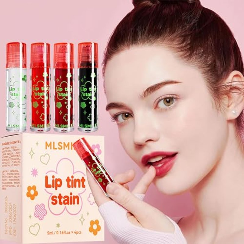 4 Colors Lip Tint Stain Set,Plumping Lip Tint,Watery Lip Stain Moisturizing Mini Liquid Lipstick,Long-Lasting&Non-Stick Cup,Multi-Use Lip and Cheek Tint Stain(Set A)