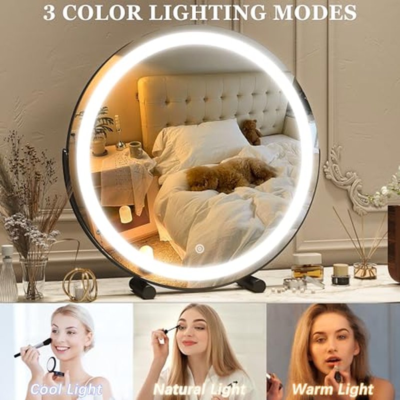 ROLOVE 18 Inch LED Vanity Makeup Mirror with Lights, Smart Touch Control, Dimmable Round Mirror, Tabletop and Desk Mirror, 360 Rotation, Black