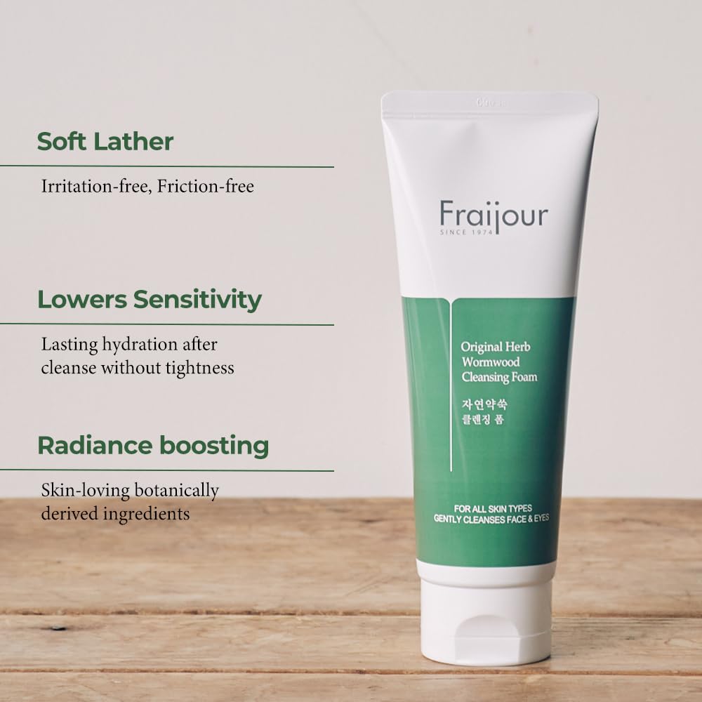 Fraijour Herb Wormwood Cleansing Foam – Korean Micro-Foam Face Wash, Deep Pore Cleanser for Dull, Oily & Acne-Prone Skin, Papaya & Witch Hazel, Gentle Exfoliation, Non-Stripping, 5.07 fl.oz.