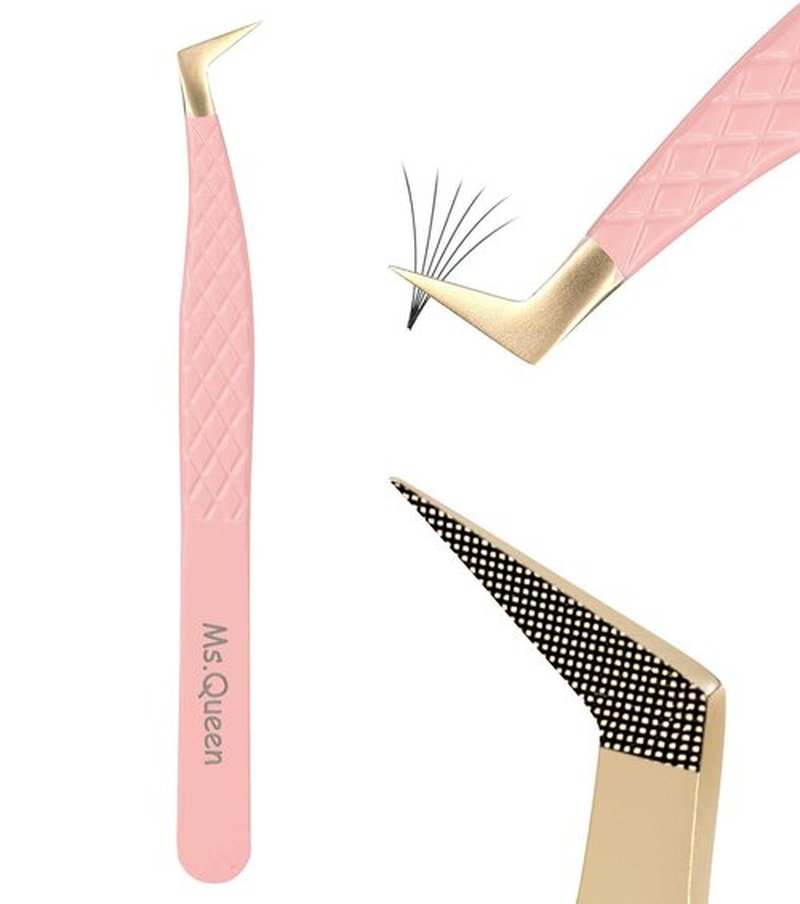 Ms.Queen Fiber Tip Lash Tweezers,Diamond Grip L-Shape Volume Boot Tweezers for Mega Volume Mink Lashes Make Fans