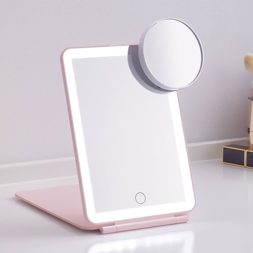 LED Foldable Travel Makeup Mirror - 5x6 inches3 Colors Light Modes USB Rechargeable Touch Screen, Portable Tabletop Cosmetic Mirror for Travel, Cosmetic, Office (Pink)