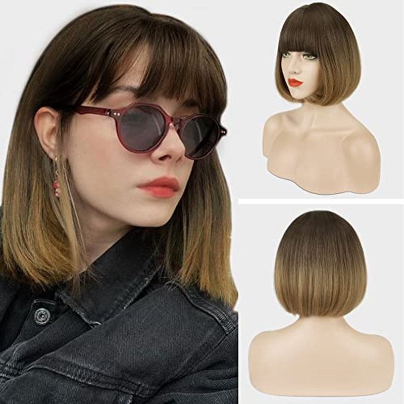 SOFEIYAN Short Straight Bob Wigs with Bangs 11 inch Synthetic Daily Party Cosplay Hair Wig for Black Women, Grey