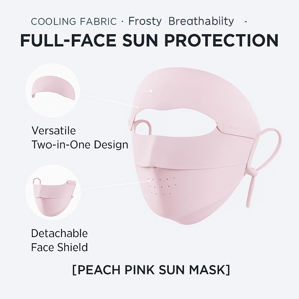 KUKASEN Women’s UPF50+ Ice Silk Face Mask, Breathable Cooling UV Face Cover with Ear Loops & Head Strap for Outdoors Removable Chin Cover