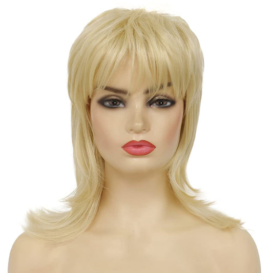 Kaneles Blonde Mullet Wigs for Women Layered Curly Hair with Bangs Shoulder Length Synthetit Replacement Wig 70s 80s Costume Cosplay Party Wig (Blonde)