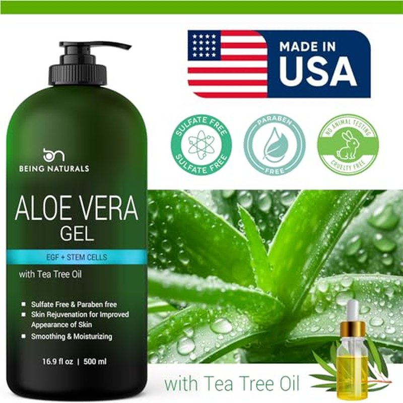 Aloe vera Gel - from 100% Pure Organic Aloe Infused with Manuka Honey, Stem Cell, Tea Tree Oil - Natural Raw Moisturizer for Face, Body, Hair. Perfect for Sunburn, Acne, Razor Bumps 16.9 fl oz