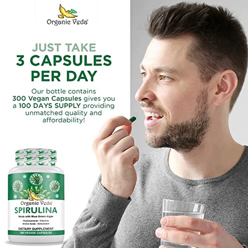 Organic Veda Spirulina Capsules, 1500mg - Green Superfood Dietary Supplement - Organic Blue-Green Algae Packed with Nutrients, Vitamins, Amino Acid, & Antioxidant - Vegan, Gluten-Free - 300 Count