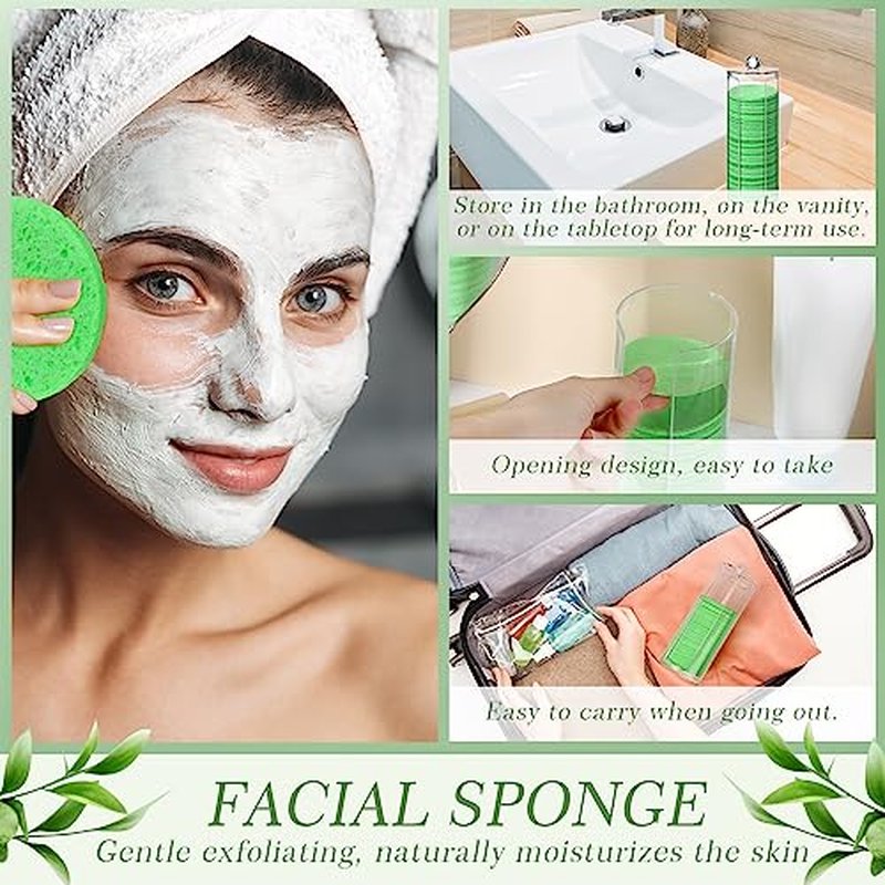 120 Pcs Compressed Facial Sponges Natural Face Exfoliator Disposable Face Sponges for Cleansing Round Soft Facial Scrubber Pads with Storage Container for Makeup Removal Travel (Green)