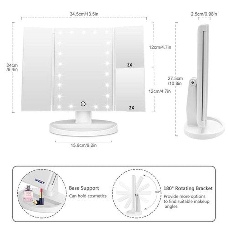 WEILY Makeup Mirror with 21 LED Lights,Two Power Supply Modes, Adjustable Touch Screen and 1x/2x/3x Magnification Tri-Fold Vanity Mirror,Chargeable Travel Cosmetic Mirror for Desktop(White)