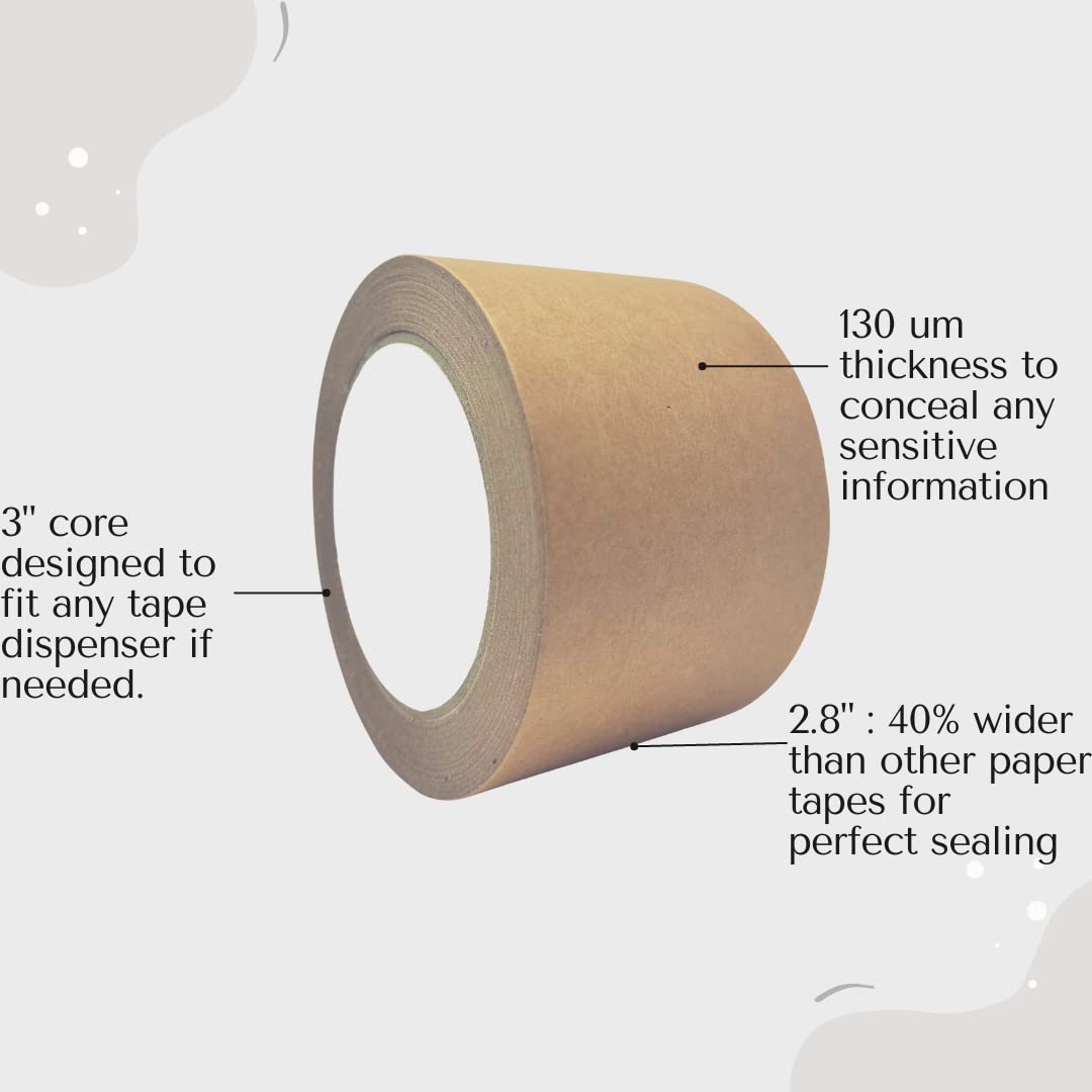 MOTHER EARTH Kraft Paper Tape 2.8" x 44 yds (132ft) for Packaging & Masking | Easy-to-Tear & Writable with Zero Waste Packaging | 4 Rolls
