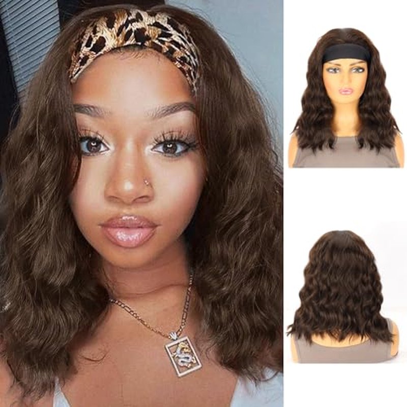 Gusif Headband Wig Short Wavy Wigs for Black Women Bob Wig Glueless Synthetic Shoulder Length Wigs 14 Inch Headwrap Wigs with Headband Attached (#6/8)