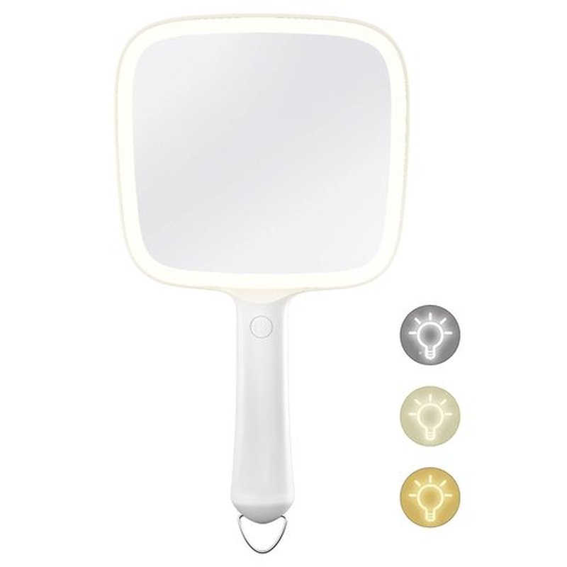 Lighted Handheld Mirror with 3 Light Color and Dimmable, 6.2'' X 5.9'' Makeup Mirror, Wide Viewing Angle, Lightweight & Durable, 4 AAA Battery, Versatile & Hangable for Makeup Application (White)