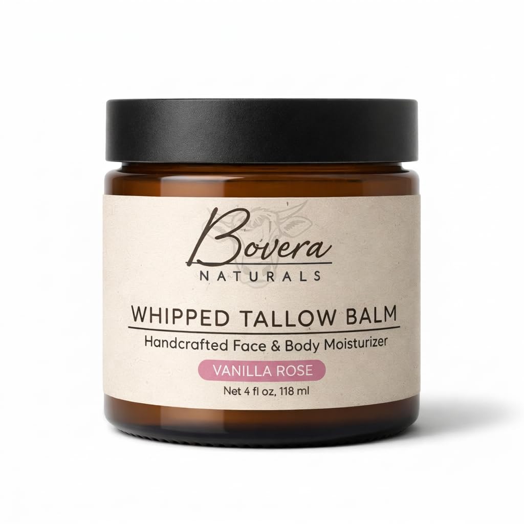 Bovera Naturals Tallow Moisturizer, Vanilla Rose Scent Face and Body Cream, 100% Organic Grass-Fed Beef Tallow, Non-Greasy for Dry Sensitive Skin, Eczema Cream and Body Butter, 4 fl oz