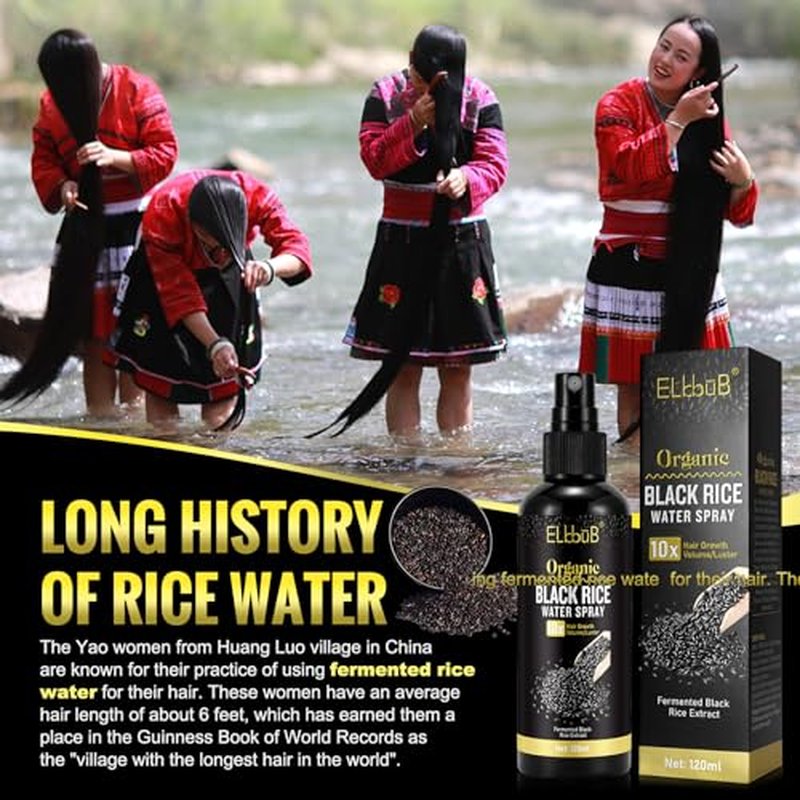 Black Rice Water Hair Growth Serum Spray - Natural Vegan Hair Regrowth Treatment for Men & Women with Castor Oil and Ginger - Ideal for Damaged, Dry Hair - Enhances Thickness, Length, Luster