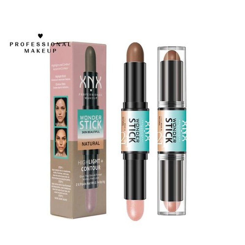 Contour Stick, 2Pcs Dual-Ended Highlighter Makeup Pen & Contouring Stick for Face Shaping, long-lasting smooth bronzer cream and highlighter sticks, a makeup kit for all skin tones (3#+4#, B)