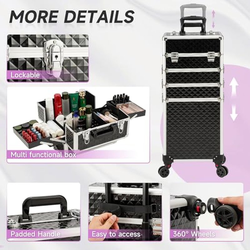 Leeora&Leekoo Portable Multi-Storey Nail Case for Nail Tech Organizer - Wheels Makeup Case Organizer, Cosmetic Case, Makeup Train Case, Make Up Case (Black)