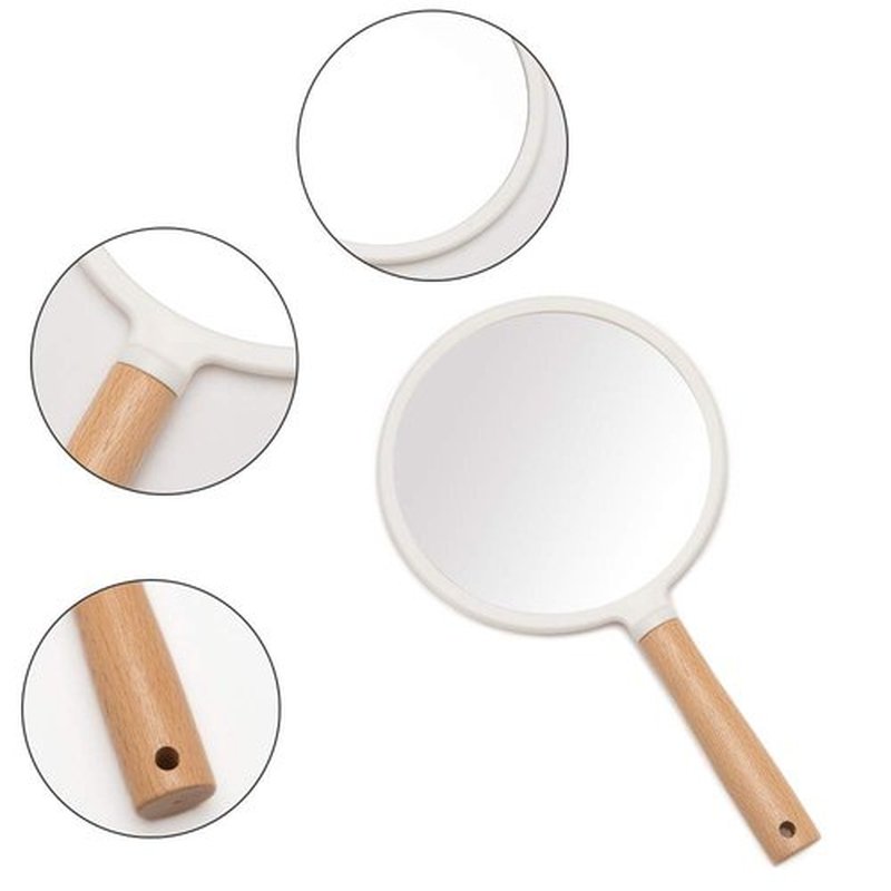 YEAKE Hand Held Mirror with Handle for Makeup,Small Cute Wood Hand Mirror for Shaving with Hole Hanging Single-Sided Portable Travel Vanity Mirror for Men&Women(Round)