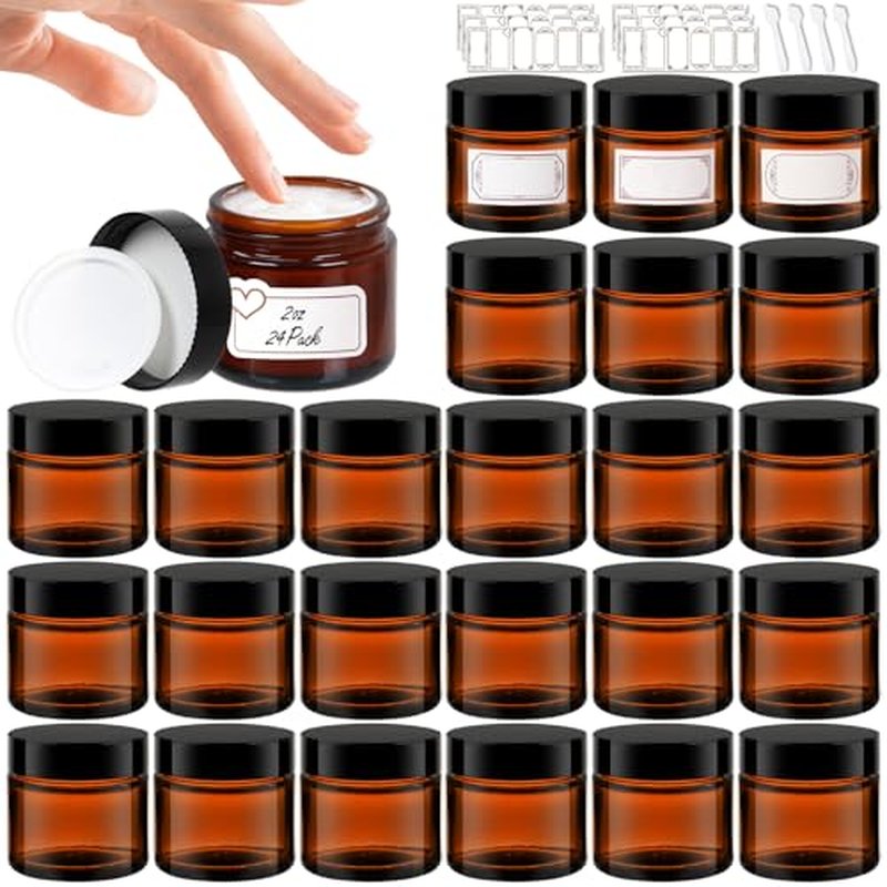 Jaisie.W 2 oz Amber Glass Jars with Lids 24Pack- Portable Glass Cosmetic Jars with Lids 2 oz,Empty Amber Glass Jars with Lids for Lotions,Scrubs(2fl. oz, Set of 24)