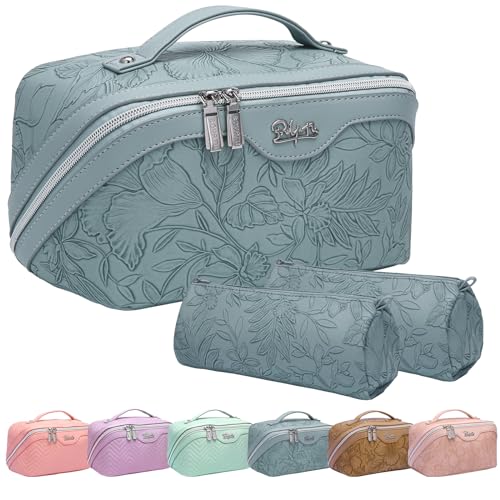 Travel Makeup Bags Cosmetic Organizer Bag: 3-Set Large Capacity Make up Bag - PU Leather Toiletry Bag for Women - Wide Open Portable Pouch with Divider & Handle (07-Purple-1)