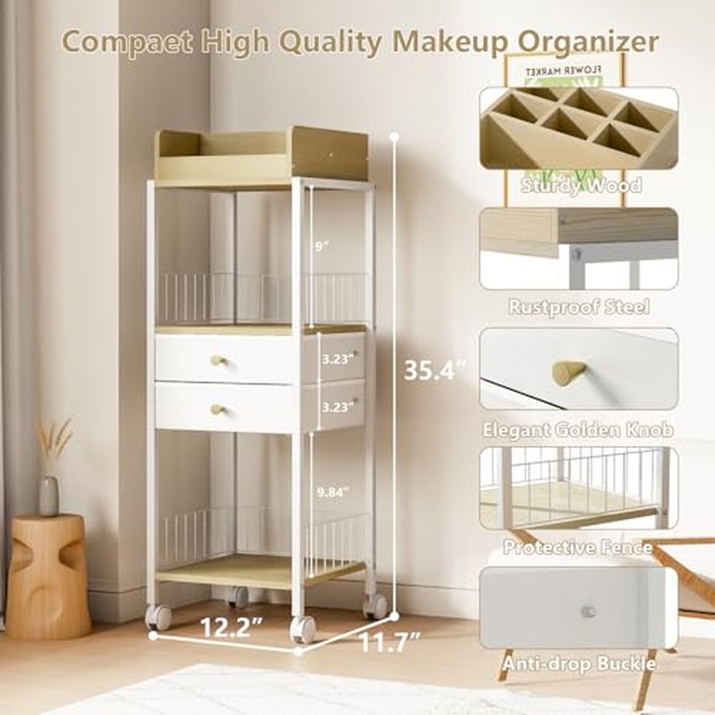 Makeup Organizer Cart Shelf Floor Skincare Organizers Make Up and Station Storage Cabinet For Vanity Standing Cosmetics With Drawers and Wheels For Nail Polish Perfume Hair Tool Holder Beauty(White)