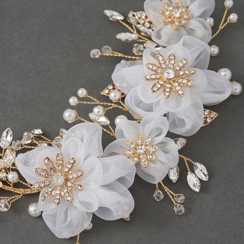 SWEETV Flower Wedding Headpieces for Bride Rhinestone Bridal Headband handmade bride hair vine wedding hair piece for bride hair accessories for Women and Girls Gold