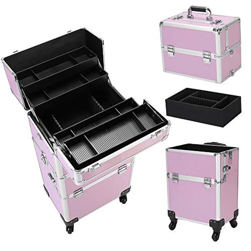 Karl home 3 in 1 Makeup Train Case Rolling Cosmetic Trolley Large Capacity Travel Organizer with Key 360°Swivel Wheels Suitcase for Beauticians Hairstylists Nail Tech Students, Pink