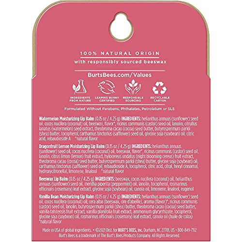 Burt's Bees Lip Balm, Moisturizing Lip Care, 100% Natural, Discover U - Original Beeswax, Watermelon, Dragonfruit Lemon & Vanilla (4 Pack)