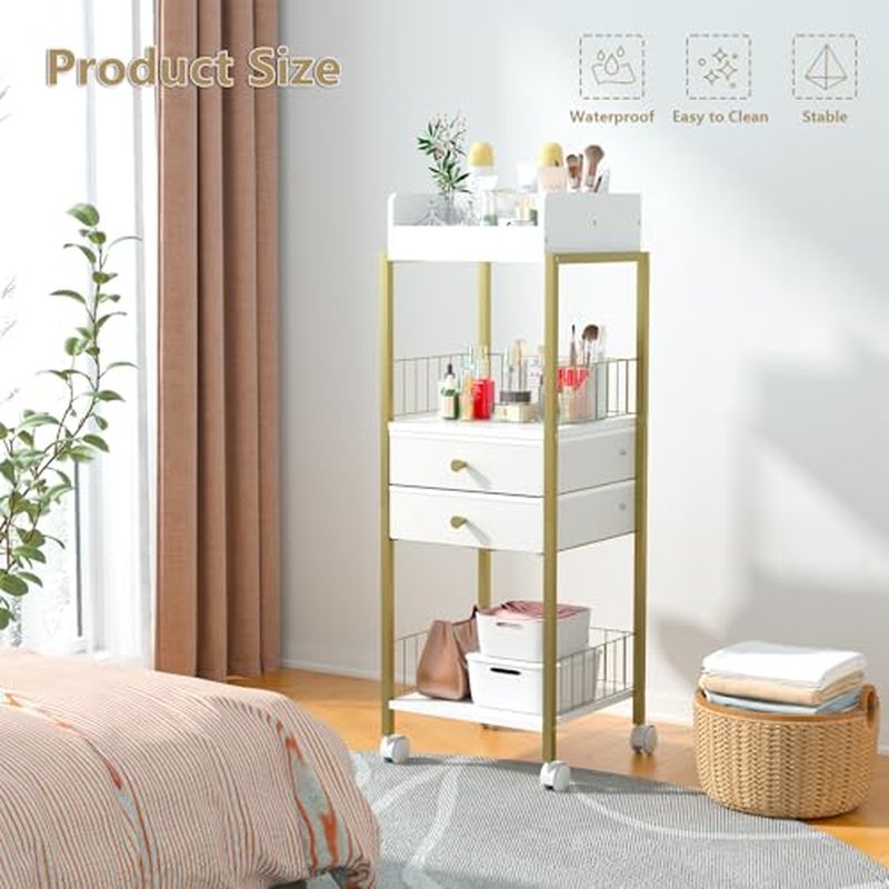Makeup Organizer Cart Shelf Floor Skincare Organizers Make Up and Station Storage Cabinet For Vanity Standing Cosmetics With Drawers and Wheels For Nail Polish Perfume Hair Tool Holder Beauty(Gold)