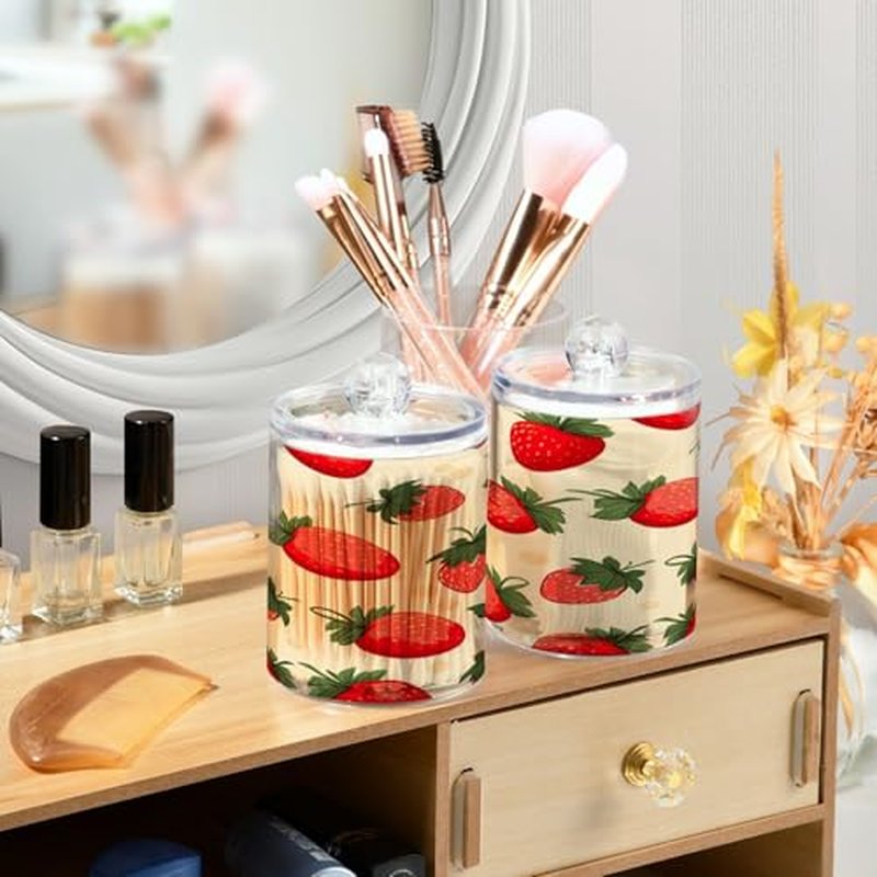 Blueangle 2 Pack Strawberry Pattern Qtip Holder Dispenser for Cotton Ball, Cotton Swab - Plastic Apothecary Jar Set for Bathroom Canister Storage Organization（896）