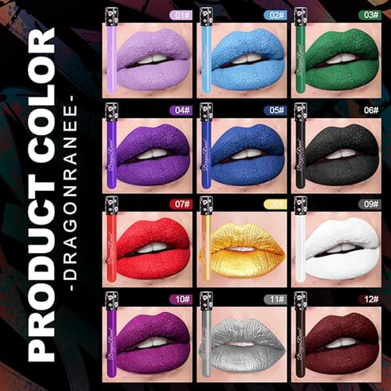 Easilydays Purple Matte Liquid Lipstick, Skull Face Diamond Shiny Gothic Lip Gloss, Sparkling High Pigment Waterproof Longlasting Lip Shimmer Lip Glaze for Halloween Parties Cosplay Makeup, #01