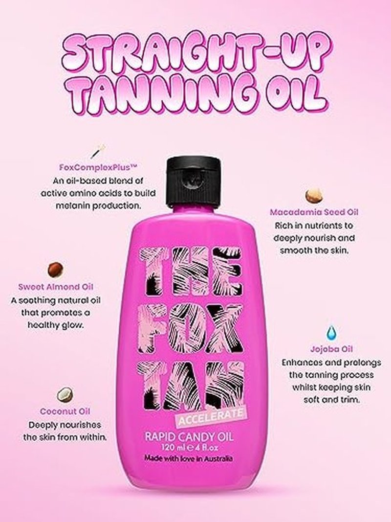 The Fox Tan Rapid Candy Oil, Accelerator Tanning Oil For Deeper & Darker Long-Lasting Tans, Creates Flawless Tan Skin, Vegan & Cruelty Free, 120mL