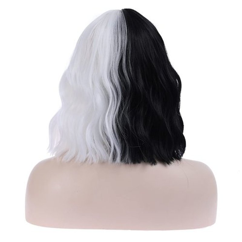 MAGQOO Half Black White Wig with Bangs Women Girls Short Curly Wavy Bob Wig Black and White Hair Wigs Halloween Cosplay Costume Party Wig