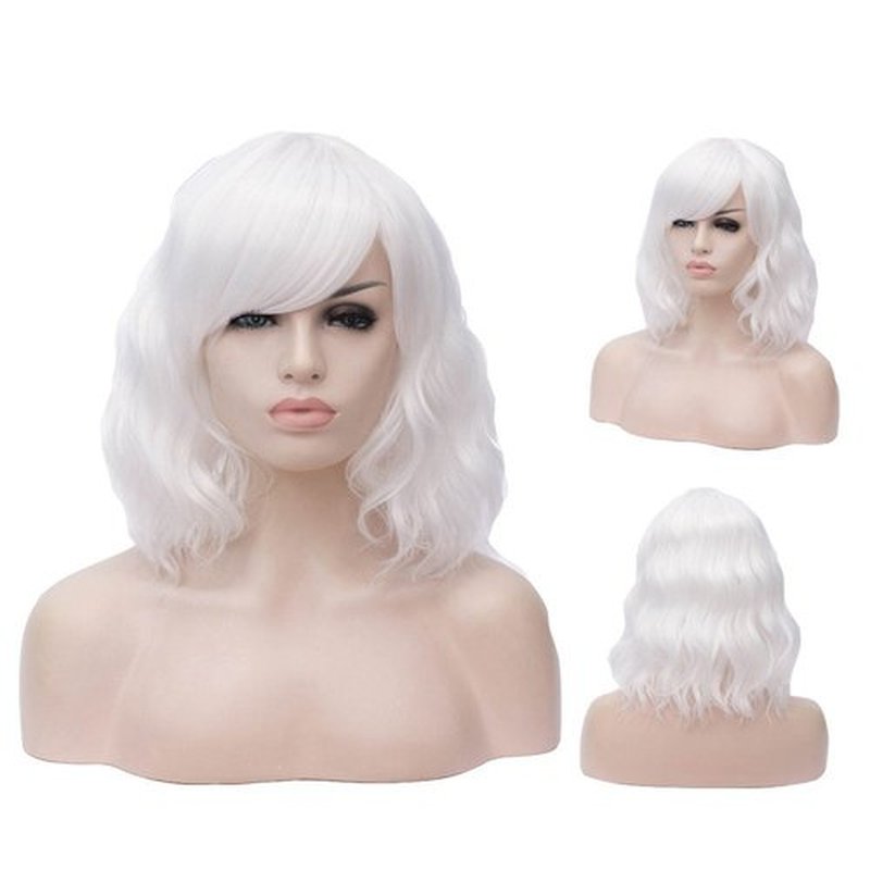 BERON 14 Inches White Wig Women’s White Curly Wig with Bangs for Women Halloween Cosplay Wig for Daily Use Synthetic Wigs (White)