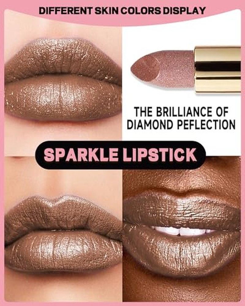Glitter Metallic Shimmer Lipstick Long Lasting,High Shine Glitter Diamond Creamy Red Color Matte Lipstick Transfer Proof Non-Stick Lip Gloss Shimmer High Impact Full Coverage Lip Makeup for Women-01
