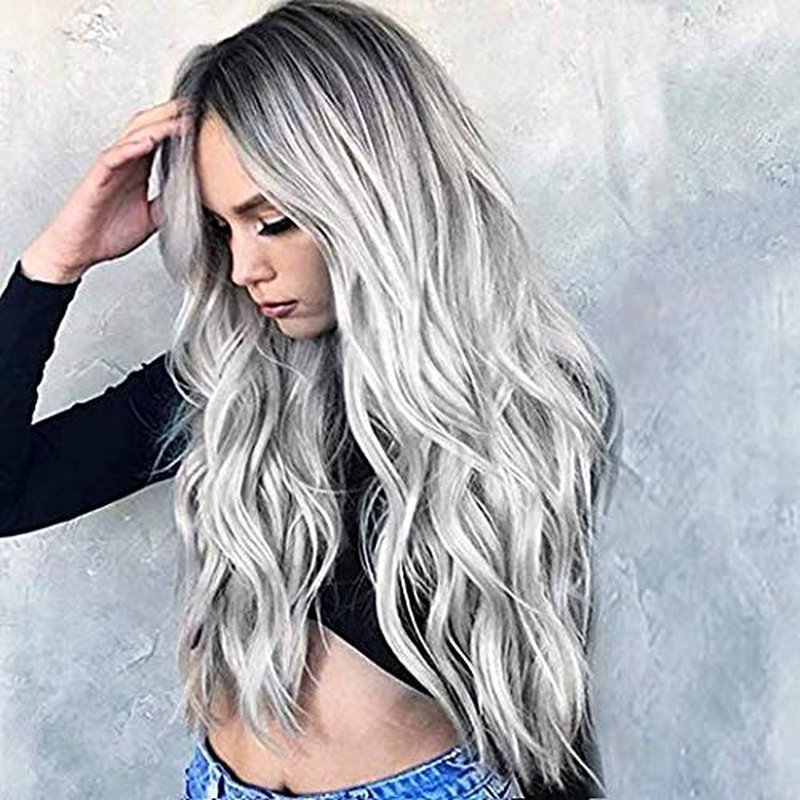 ponyttda Long Sliver Wavy Wigs for Women Middle Part Gray Wig 26 inch Natural Curly Synthetic Wig Heat Resistant Fiber Wigs for Daily Party Use, Halloween Wig