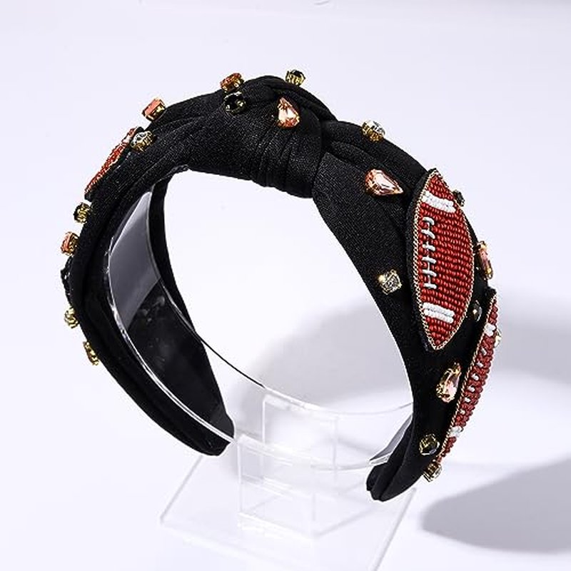 JERTOCLE Football Knotted Headbands for Women Game Day Sports Headband Pearl Crystal Bejeweled Wide Top Knot Hairband Game Day Hair Accessories (Red Black3)