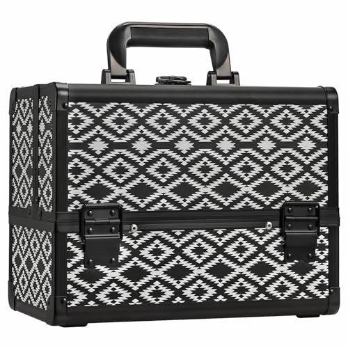 Joligrace Makeup Train Case Organizer Box Professional Multi-Purpose Cosmetic Storage with Sliding Trays, Polish Slots & Mirror, Portable Lockable with Keys, Geometric