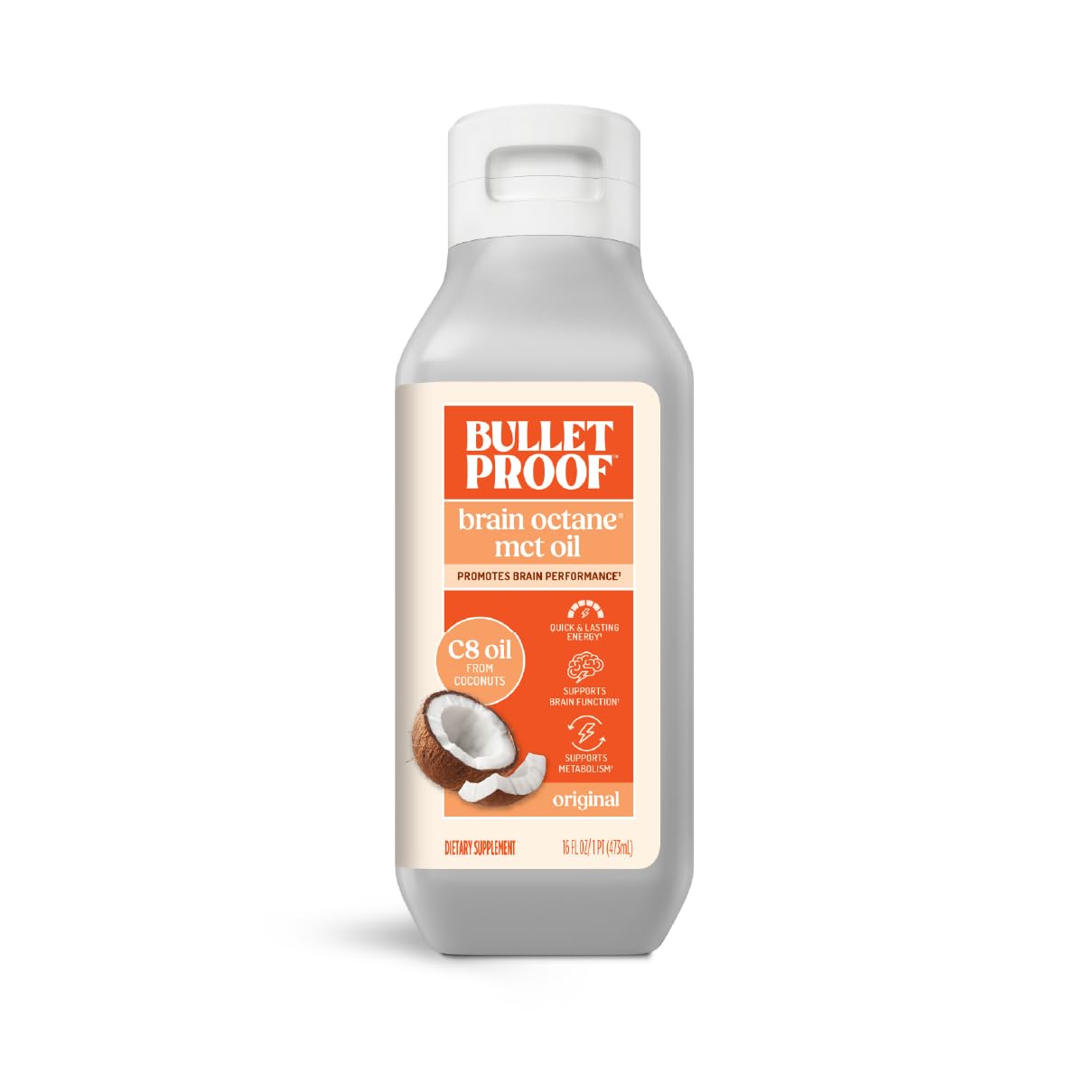 Bulletproof Brain Octane C8 MCT Oil, 16 oz – 100% Pure Coconut Oil, Triple-Distilled Keto Energy Supplement for Coffee & Smoothies, Unflavored, No Additives or Fillers, Non-GMO