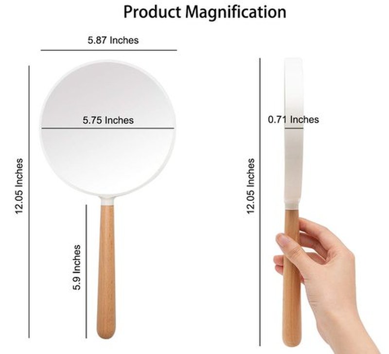 YEAKE Hand Held Mirror with Handle for Makeup, Small Cute Wood Hand Mirror for Shaving with 3X Magnifying Double-Side Portable Travel Vanity Mirror for Men&Women (Detachable White Round)