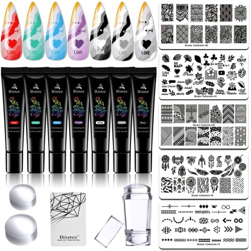 7 Colors Nail Stamping Polish Gel Nail Stamper Kit with 5pcs Nail Stamping Plates for Nails Art Stamp Beginners Kit