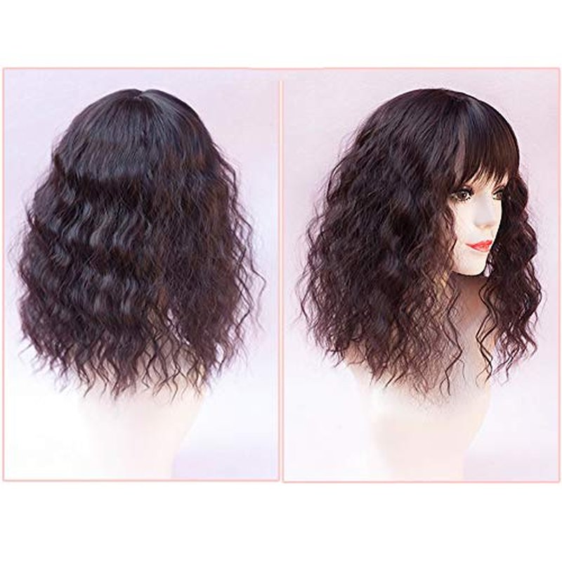 RemeeHi Clip on Curly Wavy Synthetic Top Wiglet Hairpieces for Thinning Loss Hair， Topper Hairpieces with Bangs for Women Dark Brown 18 inch(Thin)