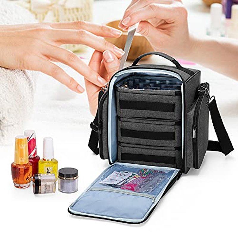 BAFASO Nail Polish Organizer Holds 72 Bottles (15ml - 0.5 fl.oz), Large Nail Polish Case with 3 Removable Pouches and Multiple Storage Sections (Patented Design), Black