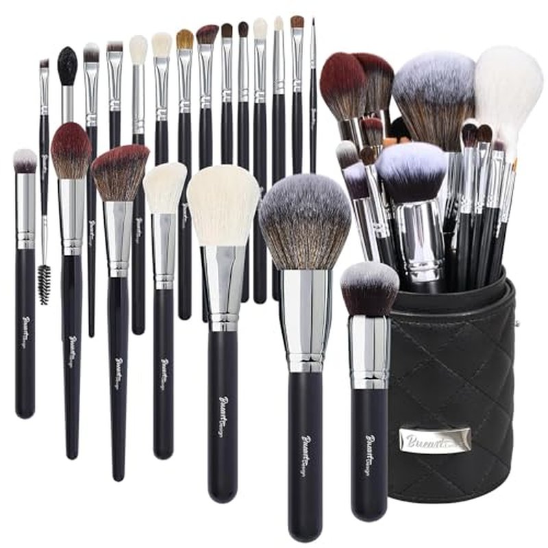 Bueart Design Pro makeup Artist Brushes Set 34Pcs Goat Hair Horse hair Makeup Brush Set with extra Large Holder (22Pcs Matte Black)