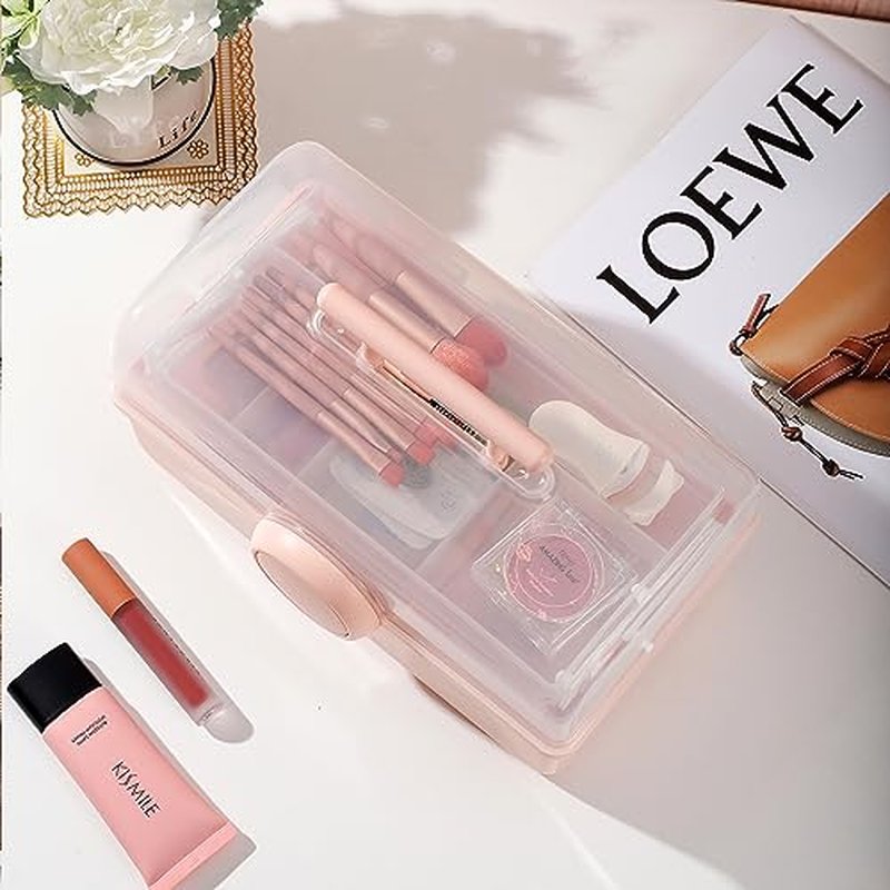 RAMFIYN Pink Makeup Storage, Pink Tackle box for Women with Handle. Cosmetic Storage Box Organizer, Portable 3 Layers Makeup Case for Home