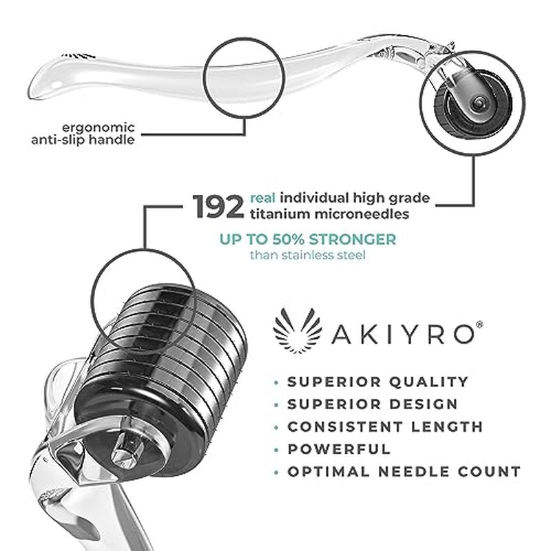 AKIYRO Derma Roller Titanium - 0.30mm Microderm Roller - Microneedle Roller with Case -Personal Use Microneedling Roller -192 Micro Needle Dermal Roller - At Home Microdermabrasion Face Roller (Black)