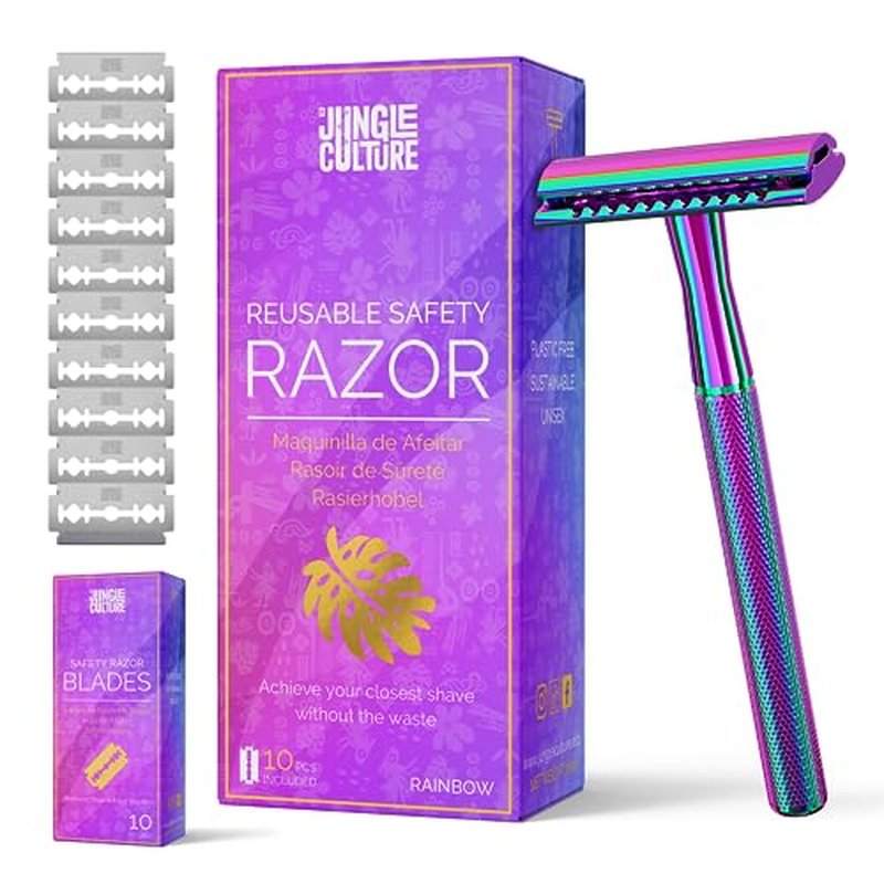 Jungle Culture Safety Razor with 10 Double Edge Blades • Single Blade Metal Razors for Women & Men for Body & Face • Eco Friendly & Reusable Shaver • Rainbow